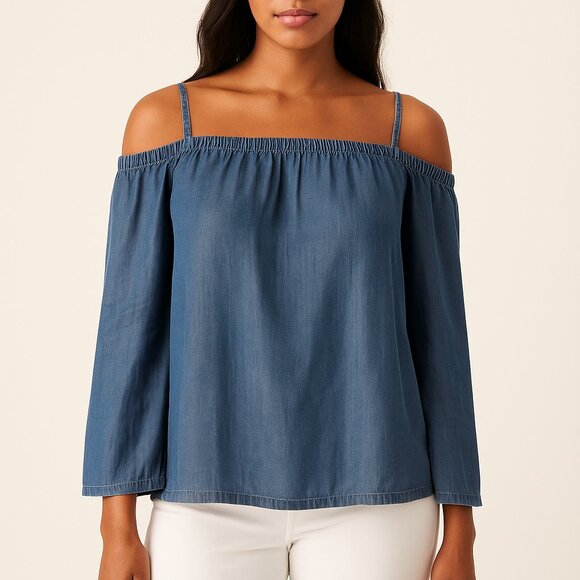Cloth & Stone SZ M 100% Viscose Blue Chambray Off-Shoulder Top - Picture 1 of 7